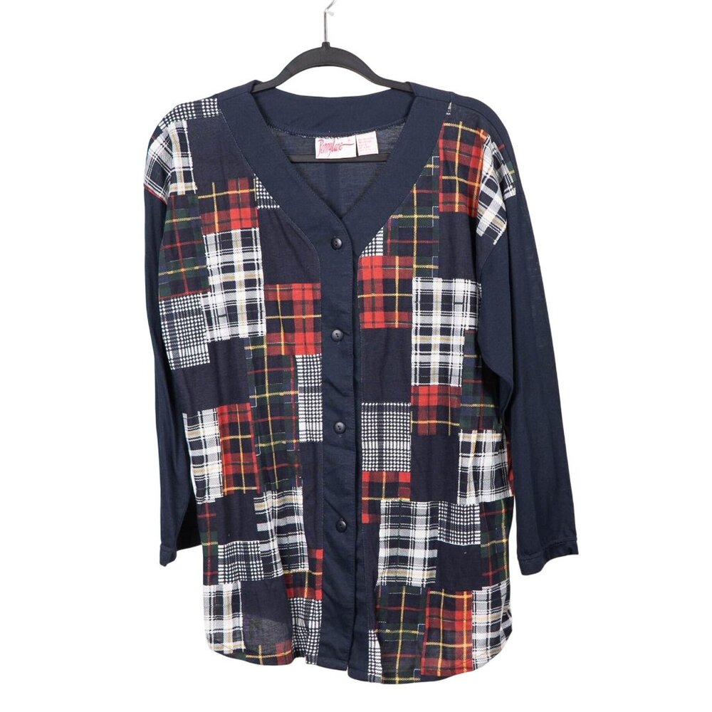 Vintage Penny Lane Cardigan Button Up Shirt 90s L Women Plaid Blue Red Patchwork
